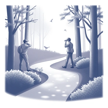 A winding path leads through a dense forest, surrounded by tall trees and thick underbrush. The sunlight filters through the leaves, creating dappled patterns on the ground. In the distance, two birdwatchers are positioned quietly, observing the wildlife. One birdwatcher is holding binoculars to their eyes, while the other is taking notes in a small notebook. They are standing behind a cluster of bushes, blending into the natural surroundings as they focus on the trees above. Various birds can be seen perched on the branches, enhancing the scene of quiet observation in nature.