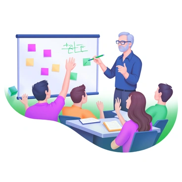 A modern pastel illustration depicting a lecturer standing in front of a whiteboard, writing down ideas with a green marker. The lecturer is a middle-aged man wearing glasses, dressed in a navy-blue shirt. In the foreground, a diverse group of students is seated at desks, attentively looking at the whiteboard. Some students have notepads and pens in hand, while others are raising their hands to ask questions. Various colorful post-it notes are scattered around the whiteboard, adding vibrancy to the scene.