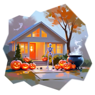 A house front yard is decorated for Halloween with a variety of spooky props. There are several carved pumpkins with intricate faces, illuminated from within, placed on the porch and scattered across the yard. A life-sized skeleton stands near the entrance, dressed in tattered clothing and holding a lantern. Cobwebs stretch across the bushes, with a few plastic spiders crawling on them. In one corner, a large, dark cauldron bubbles, and ghostly figures hang from the trees, swaying gently in the breeze. The sky is a dusky shade, enhancing the eerie atmosphere of the scene.