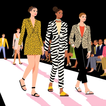 A runway show featuring models walking confidently in various animal print ensembles. The first model wears a leopard print dress with a fitted silhouette, showcasing bold yellow and black patterns. The second model sports a zebra print outfit, with striking black and white stripes, highlighted by shimmering accessories. The third model dons a snakeskin print jacket paired with sleek black pants, adding a touch of elegance. Bright lights illuminate the runway, casting dynamic shadows and creating an exciting atmosphere as the crowd watches in admiration.
