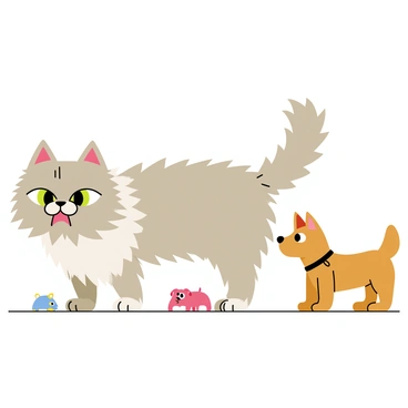 A cat with fluffy, spiky fur standing on end, showcasing an iridescent mix of gray and white tones. The cat has wide, intense green eyes that convey a fierce expression as it glares directly at a dog. The dog is a small brown terrier, with perked ears and a confused look on its face. The cat's tail is puffed up, extending dramatically behind it, adding to the tension of the scene. The setting includes a simple wooden floor beneath them, with a few scattered toys in the background.