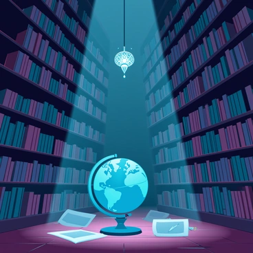 A dimly lit library filled with towering shelves packed with ancient, dusty books. The air is thick with the scent of old paper and leather. Shadowy figures with indistinct shapes are lurking in the corners, their outlines barely visible in the low light. A single ornate chandelier hangs from the ceiling, casting flickering shadows across the room. The polished wooden floor reflects the dim glow, while a large globe sits in the center of the space, surrounded by scattered parchment and quills.