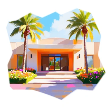 A tropical resort facade featuring a large, open entrance that invites guests inside. On either side of the entrance, tall palm trees sway gently in the breeze, their fronds casting dappled shadows on the ground. Vibrant, colorful flowers bloom in lush, manicured gardens, adding splashes of red, orange, and yellow throughout the landscape. The resort's architecture boasts warm, earthy tones, with large windows that reflect the sunlight, creating an inviting atmosphere. The path leading to the entrance is lined with smooth stones, enhancing the tropical ambiance.