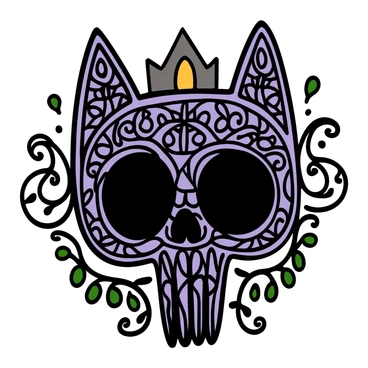 A cat skull with intricate ornate patterns carved into its surface, showcasing a variety of dark colors, including deep blacks and rich purples. The skull is positioned in the center of the image, surrounded by delicate decorative elements such as swirling vines and gothic-style flourishes. Shadows play across the surface, enhancing the depth of the skull and its details. The background is filled with subtle hints of gothic architecture, like pointed arches and stone textures, adding to the overall dark aesthetic of the illustration.
