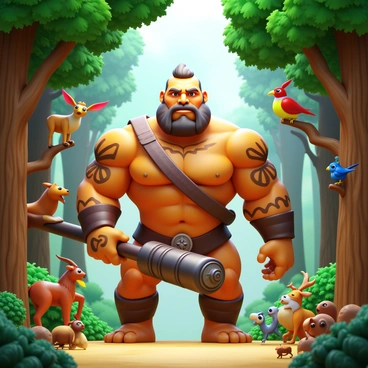 A Goliath standing tall at the entrance of an enchanted forest. The Goliath has a muscular build and is adorned with intricate tribal markings on his skin. His expression is stern yet protective, as he holds a large, ornate club. Surrounding him are various wildlife, including a curious deer peeking from behind a tree, colorful birds perched on branches, and small woodland creatures observing from the underbrush. The trees in the background are tall and majestic, with vibrant green leaves. Sunlight filters through the canopy, casting dappled shadows on the ground.