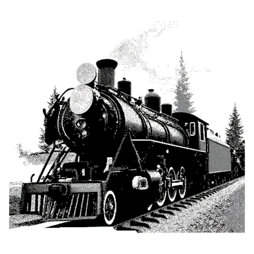 A vintage steam train is traveling along a railway track. The train is adorned with intricate details on its exterior, showcasing classic metalwork and large steam billowing from its chimney. A werewolf with shaggy fur and sharp claws is leaning out of one of the compartments, its fierce expression visible as it gazes into the distance. The surrounding scenery features blurred trees and landscape, emphasizing the speed of the train’s movement. There are puffs of steam rising from the train, adding to the dynamic nature of the scene.