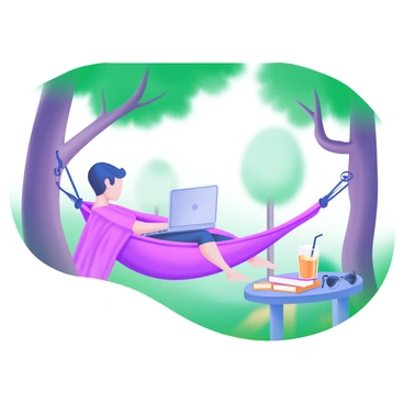 A person working remotely on a laptop while lounging in a hammock surrounded by trees.