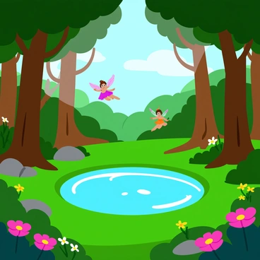 A secret grove with lush greenery and tall, ancient trees forming a natural circle. The ground is covered in soft, bright green moss and colorful wildflowers. In the center of the grove, a glowing pool of water reflects shimmering lights. Around the pool, small, delicate faeries with iridescent wings dance gracefully in mid-air. Each faerie has vibrant clothing made from petals and leaves. Soft beams of light filter through the tree branches, adding a magical ambiance to the scene.