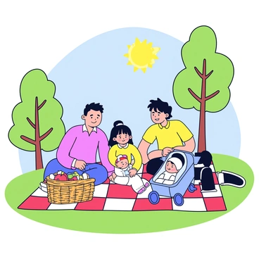 A family is sitting on a red and white checkered picnic blanket spread on green grass. The family consists of a father, a mother, a young girl, and a baby in a stroller. They are surrounded by a wicker picnic basket filled with various food items like sandwiches and fruits. The sun is shining brightly, casting soft shadows on the blanket. In the background, there are a few tall trees with green leaves and a clear blue sky.