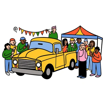 A classic yellow truck with a shiny exterior is parked prominently at an outdoor car show. The truck has chrome accents, large wheels, and a polished front grille. A diverse group of spectators, including men and women of various ages, stand around the truck, admiring its design. Some spectators are taking photos, while others are chatting and pointing at different features of the vehicle. Colorful banners and tents can be seen in the background, creating a festive atmosphere.
