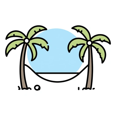 A hammock, made of woven fabric, is tied between two tall coconut trees, their fronds gently swaying. The trees are depicted with a brown trunk and green leaves, standing against a clear blue sky. The hammock is slightly curved, suggesting movement as it sways in the light breeze. The ground beneath is covered with soft grass, and a few fallen coconuts can be seen scattered around the base of the trees.