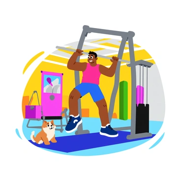 A gym-goer performing lat pulldowns on a sleek, modern exercise machine with bright colors. The individual has a determined expression and is wearing a vibrant tank top and shorts. The lat pulldown bar is pulled down towards their chest. A playful pet, a small fluffy dog with a wagging tail, sits nearby on a gym mat, watching intently. The gym is filled with various exercise equipment, and the walls are painted in lively colors, creating an energetic atmosphere.