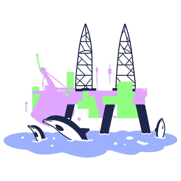 A group of dolphins is playfully swimming near the massive legs of an oil rig. The dolphins are leaping out of the water, with sleek bodies glistening. The oil rig towers above them, featuring large, industrial legs that extend into the water. The scene captures the interaction between the playful dolphins and the imposing structure of the rig. Bubbles are visible in the water around the dolphins, adding to the lively atmosphere of the moment. The surface of the water reflects the structure, enhancing the perspective of the scene.