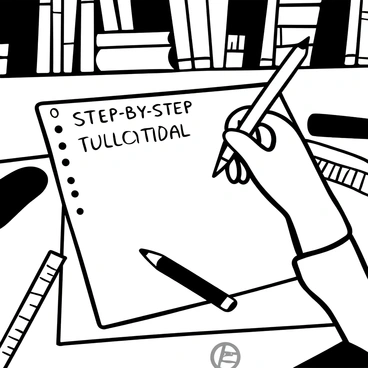 A detailed black-and-white illustration of a workspace filled with art supplies. There is a large sketchpad open on a wooden table, with the words "Step-by-Step Tutorial" written prominently at the top. Various drawing tools, including pencils, charcoal, and rulers, are neatly arranged around the sketchpad. A hand is depicted holding a pencil, poised above the pad, ready to draw. In the background, a shelf is filled with books on illustration techniques, providing context for the tutorial theme.