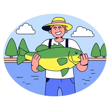 An angler wearing a wide-brimmed hat is standing by the water's edge. The angler has a big grin on their face as they hold up a largemouth bass with both hands. The bass is shiny and detailed, showcasing its vibrant green and yellow scales. The background features a calm lake with gentle ripples, and there are a few green trees lining the shore. The sky is clear with a few fluffy clouds.