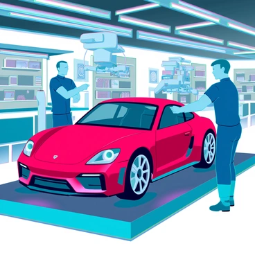 A sleek Porsche 911 in vibrant red color is positioned on the assembly line within a modern automobile factory. The car features its iconic curves and detailed design elements, with prominent headlights and the distinctive logo on the hood. Surrounding the vehicle are robotic arms and assembly workers in blue uniforms, carefully installing components such as wheels and interior parts. Bright overhead lights illuminate the scene, highlighting the metallic surfaces and machinery. In the background, various tools and equipment are neatly organized on shelves, reflecting the organized chaos of the manufacturing process.