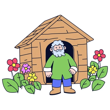 Beorn is standing at the doorway of his rustic wooden house, which has a slanted roof and a textured surface. The house is nestled in a verdant landscape. Surrounding the house are colorful blooming flowers, including bright red and yellow petals. Green leaves fill the scene, enhancing the natural beauty of the environment. Beorn is depicted with a strong build and a kind expression, wearing a simple tunic. His hair and beard are long and unkempt, blending harmoniously with the setting.