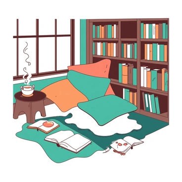 A cozy reading nook is set in a small corner of a room, surrounded by walls lined with shelves bursting with colorful books. Patchwork cushions in shades of teal and orange are piled on a plush rug, inviting anyone to relax and read. Scattered around the nook are open books with pages slightly turned, as if recently read. A soft, warm light filters through a nearby window, enhancing the inviting atmosphere of the space. A small wooden side table holds a steaming cup of tea, adding to the comfort of this peaceful retreat.