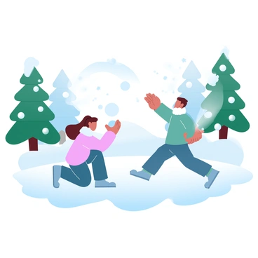 Two friends are engaged in a snowball fight in a snowy park. One friend is crouching down, packing a snowball, while the other is standing with an arm raised, ready to throw a snowball. The ground is covered in a thick layer of snow, and tall pine trees surround the scene, their branches heavy with snow. Flurries of snowflakes are falling gently around them, enhancing the wintry atmosphere. Brightly colored winter clothing contrasts with the white snow and green pine trees.