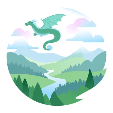 An emerald dragon with shimmering scales is soaring high above a lush, green valley. The dragon's long, slender wings are outstretched as it glides effortlessly through the sky. Below, the valley is filled with vibrant greenery, including dense trees and rolling hills. A gentle river winds its way through the landscape, reflecting the sunlight. The sky above is a soft gradient of pastel colors, transitioning from blue to pink, creating a serene backdrop for the majestic scene.