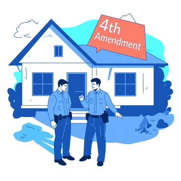Two blue police officers are standing outside a white house, conversing with each other. One officer is holding a notepad while the other is gesturing towards the entrance of the house. Above the house, there is a large, bold, orange alert sign that reads "4th Amendment." The sky is clear, and the sun is shining brightly, creating a crisp and clear atmosphere around the scene.