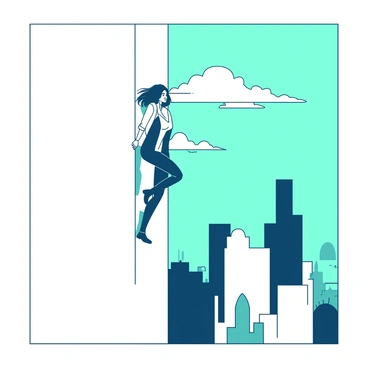 An individual is walking up the side of a tall white building, defying gravity with a confident expression. They are dressed in a sleek black outfit, and their hair is flowing gently in an invisible breeze. The sunlight casts clear shadows of the individual on the building's surface, enhancing the surreal effect of their ascent. The surrounding urban landscape is visible in the background, with hints of teal sky peeking between the towering structures.