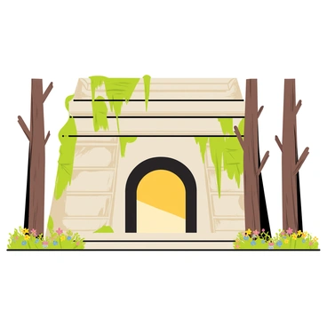 An ancient temple with stone walls partially covered in green vines. The temple features intricate carvings along its facade and has a large, arched entrance. At the center of the temple, a soft, glowing light emanates, casting a warm illumination around the entrance. Surrounding the temple are tall trees with thick trunks and a blanket of colorful flowers at the base. The atmosphere has a sense of intrigue and discovery, inviting exploration.