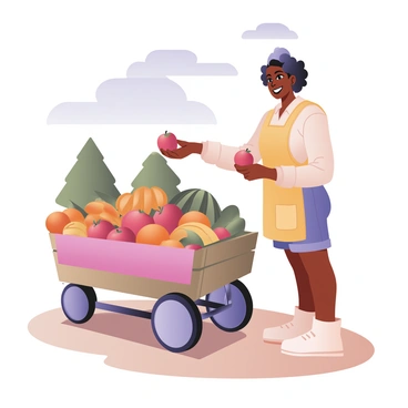 A street vendor is positioned next to a colorful cart filled with an assortment of fresh fruits. The cart is overflowing with vibrant oranges, apples, bananas, and watermelons. The vendor is a woman with dark skin and curly hair, wearing a bright yellow apron over a white shirt and denim shorts. She is smiling as she hands a ripe apple to a customer. In the background, there are green trees under a clear blue sky with a few fluffy white clouds scattered. The sunlight casts soft shadows on the ground, creating a warm atmosphere.