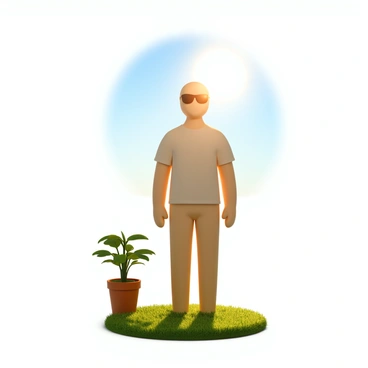 A bright, sunny scene featuring a human figure standing under the sun. The person has a light skin tone and is wearing a short-sleeved shirt and sunglasses. Sunlight streams down from a clear blue sky, casting warm rays on the person's skin. The skin appears slightly illuminated, suggesting the process of absorbing sunlight. Nearby, a small potted plant with green leaves is basking in the sunlight, indicating a vibrant outdoor environment. The ground is covered in soft grass, and the overall atmosphere conveys a sense of warmth and health.