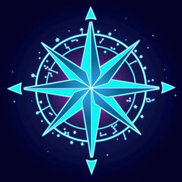 A compass rose formed by bright, shimmering stars and intricate constellations. Each quadrant of the compass is clearly defined by clusters of stars, creating a vivid contrast against the deep blue night sky. The constellations are depicted with connecting lines that form recognizable patterns, while the compass points are accentuated by larger, radiant stars at each end. The overall scene is illuminated by the soft glow of the Milky Way, adding depth and richness to the celestial design.