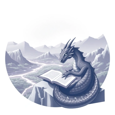 A large dragon, with intricately detailed scales, is curled up comfortably around an open book. The dragon's eyes are focused on the pages, showcasing its intelligence and curiosity. It is perched atop a rugged mountain peak, and beneath it lies a vast valley filled with magical landscapes. The valley features rolling hills, shimmering rivers, and fantastical flora. The sky above is expansive, adding to the sense of tranquility. The scene captures a moment of peaceful solitude amidst a breathtaking natural setting.