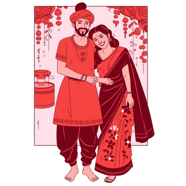 A red Maharashtrian couple is playfully posing for a photo. The man is wearing a bright traditional kurta and dhoti, decorated with intricate patterns in contrasting shades. He has a vibrant headgear adorned with flowers. The woman is dressed in a colorful saree, featuring bold floral designs, and she has her hair styled elegantly with traditional accessories. They are both smiling joyfully, with their arms around each other, showcasing the beauty of their attire and culture. The background is filled with decorations that match their colorful outfits, enhancing the festive atmosphere.