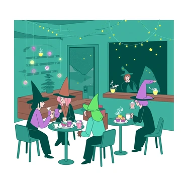 A teal cafe with warm wooden furniture is filled with witches sitting at small round tables. Each witch is wearing a different style of pointed hat, and they are engaged in lively conversations. Some witches are sipping from steaming mugs filled with colorful magical brews, while others are nibbling on enchanted treats displayed on a counter. Strings of glowing lights hang from the ceiling, casting a soft glow over the scene. A large window showcases a starry night sky outside, enhancing the enchanting atmosphere of the cafe.