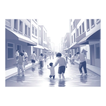 A city street submerged in water, with water levels reaching mid-calf on most individuals. People are wading through the water, some helping others who are struggling to stay afloat. Various groups can be seen, including a person offering a hand to a child and another person carrying a bag above their head. Buildings on either side of the street are partially visible above the waterline, with some awnings and doorways submerged. The scene conveys an atmosphere of cooperation and urgency among the individuals navigating the flooded area.