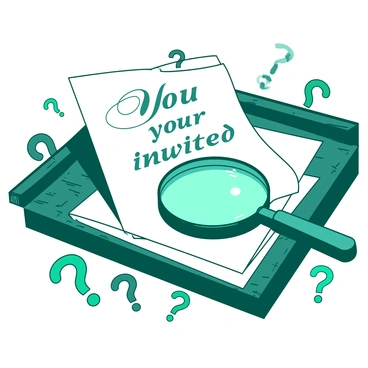 A white dinner invitation card is placed on a dark wooden table. The card features elegant calligraphy that reads "You are invited" at the top. A large teal magnifying glass is positioned over the invitation, highlighting the intricate details of the text. Scattered around the invitation are several question marks in various sizes, some of which are colored teal and others are white. The overall arrangement suggests an air of intrigue and curiosity surrounding the dinner invitation.