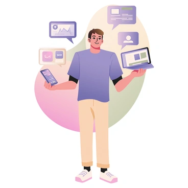 A marketer juggling various devices, each displaying different marketing channels