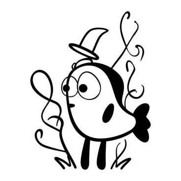 A cartoon anchovy with a small, rounded body is positioned upright. The anchovy has exaggerated features, including oversized, round eyes that dominate its face. It is wearing a tiny, whimsical hat placed slightly askew on its head. The background is filled with playful, swirling lines to convey a sense of movement. The entire scene is illustrated in black and white.