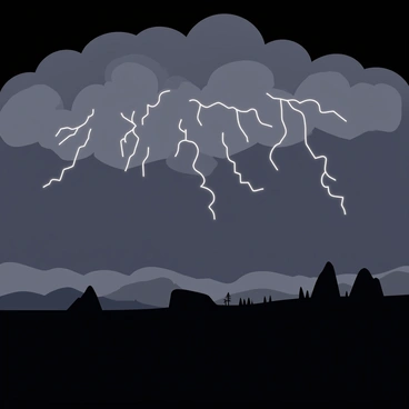 A dark plateau stretches across the foreground, with jagged rocks and sparse vegetation. Above, a dramatic lightning storm fills the sky with bolts of bright white lightning striking down among swirling gray clouds. The clouds are thick and ominous, creating a sense of tension in the atmosphere. In the distance, faint silhouettes of hills can be seen under the darkened sky. The scene captures the raw energy of the storm, with flashes of light illuminating the landscape momentarily.