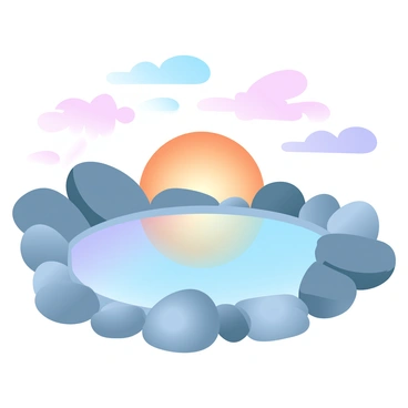 A rock pool is surrounded by smooth stones and rugged rocks, reflecting vibrant "orange" and "purple" hues in the calm water. The surface of the water captures the warm colors of the sunset. The sky above is filled with gradient pastel shades that blend seamlessly into each other. Some scattered clouds amplify the colorful reflection in the pool, creating a tranquil atmosphere.