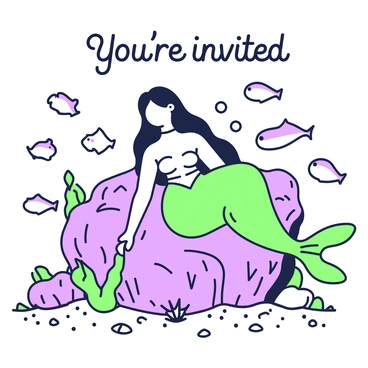 An invitation features an underwater scene. In the center, there is a mermaid with long flowing hair, resting on a large piece of coral. The coral is intricately shaped, with detailed textures and various formations. Surrounding the mermaid, there are several schools of fish swimming in varied directions. Bubbles rise from the mermaid's tail, adding a sense of movement to the scene. Below the coral, the seabed is visible with fine sand scattered with small seashells. The top of the invitation includes the text, "You're invited," in an elegant font.