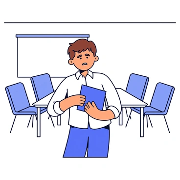 A person entering a conference room, holding a presentation folder and looking nervous