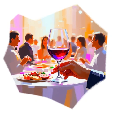 A wine glass filled with deep red wine is held delicately by a well-manicured hand adorned with a silver ring. The background features a busy evening party scene, with groups of people engaging in conversation, laughter, and merriment. Soft, warm lighting casts gentle highlights and shadows, illuminating the faces of guests dressed in elegant attire. Tables decorated with colorful tablecloths and various appetizers are seen in the distance, adding to the lively atmosphere of the gathering.