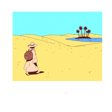 A yellow vast desert stretches toward the horizon, dotted with fine grains of sand. In the center of the scene, a lone traveler with a beige cloak is walking slowly, leaving faint footprints behind. The traveler carries a small brown backpack, and a wide-brimmed hat casts a shadow over their face. In the distance, shimmering against the heat of the sun, is a mirage of an oasis featuring palm trees and a blue water body, appearing inviting yet elusive. The sky above is a bright blue, adding to the intensity of the desert landscape.