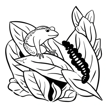 A frog sitting on a large, textured leaf, with its body slightly leaning forward, curiously observing a caterpillar resting on the same leaf. The caterpillar has a segmented body and distinct patterns, showcasing its detailed texture. Surrounding them are various leaves with intricate veins, creating an engaging scene. The background is filled with additional foliage, providing depth to the composition.