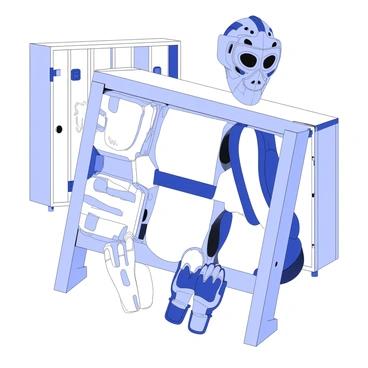 A rack filled with colorful goalie gear including pads, gloves, and a mask in a team locker room.