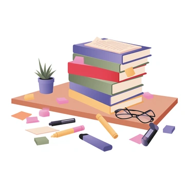 A digital flat illustration featuring a stack of colorful accounting textbooks arranged neatly on a wooden study desk. The textbooks are various shades of blue, green, red, and yellow, some with visible titles on the covers. Scattered around the desk are several sticky notes in bright colors, like pink, orange, and neon green, some stuck to the edges of the books. Multiple highlighters in vibrant colors such as yellow, pink, and blue are lying on the desk, some with caps off. The background includes a small potted plant and a pair of reading glasses resting on the desk.