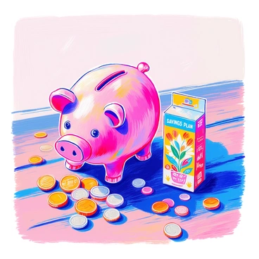 A piggy bank in the shape of a traditional pig is positioned centrally on a wooden surface. The piggy bank is painted in a bright pink color with shiny accents. Next to it, there is a small pile of assorted coins scattered, including shiny pennies, nickels, dimes, and quarters. To the side of the piggy bank, there is a neatly packaged product, which is a small box labeled "Savings Plan." The box has a vibrant design with cheerful colors and a graphic of a growing plant, symbolizing growth and savings. The overall arrangement conveys a clear theme of saving and financial planning.