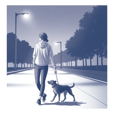 A woman walking along a dimly lit street. She is wearing a light jacket and has her hair pulled back, with a relaxed posture as she walks. Beside her, a medium-sized dog is on a leash, appearing attentive and engaged with its surroundings. The street is lined with tall streetlights casting soft pools of light on the pavement, creating a contrasting play of shadows. The scene has a calm atmosphere, with the silhouettes of trees lining the street in the background. The woman is gazing ahead, enjoying the quiet of the night while the dog occasionally sniffs the ground.