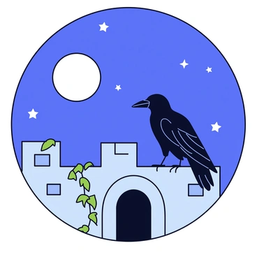 A solitary raven with glossy black feathers is perched on a weathered stone ledge of a castle ruin. The castle has crumbling walls and an arched doorway partially obscured by vines. The sky above is filled with twinkling stars, creating a deep blue backdrop. The moon casts a soft glow on the scene, highlighting the contours of the castle and the raven's sharp beak and gaze.