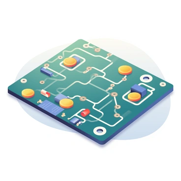 An electronic circuit board is laid out on a flat surface. The board features multiple intricate pathways and components like resistors, capacitors, and chips. Instead of traditional connections, there are golden coins placed strategically to create links between different parts of the circuit. Each coin gleams in the light, reflecting shades of yellow and orange. The background has a subtle gradient, transitioning from light gray to soft white, providing contrast to the vibrant colors of the coins and the dark green of the circuit board.